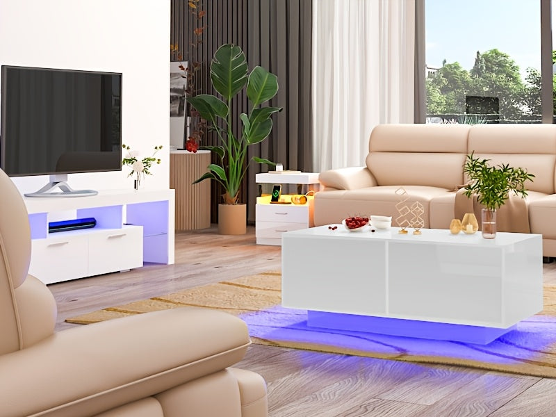High Glossy LED Coffee Table, Modern Coffee Tables with Open Display Shelf And Sliding 2 Drawers, Rectangular Coffee Table with LED Lights for Living Room, Dining Room, White/Black