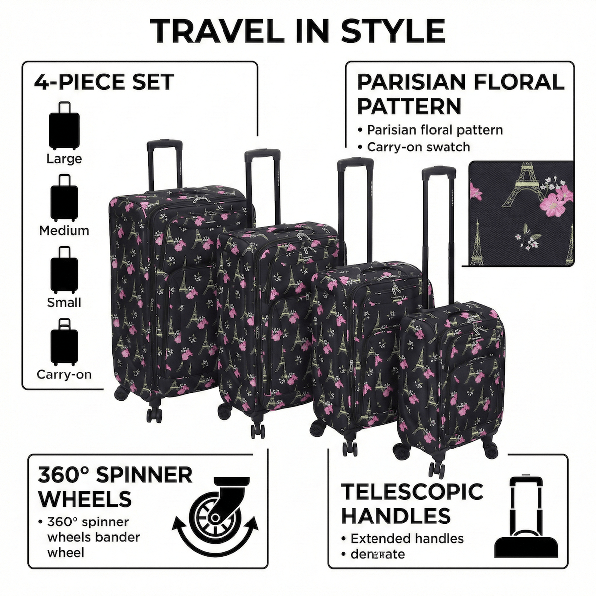 4-Piece Softside Spinner Luggage Set (20+24+28+32 inch) Lightweight Travel Suitcases with 360° Wheels, Telescopic Handle, Multi Pocket Design