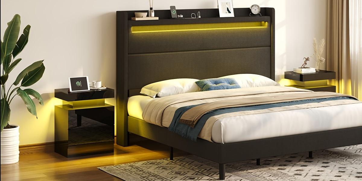 High Gloss LED Nightstand Set of 2 with Charging Station, Modern Bedside Table Night Stand with LED Lights