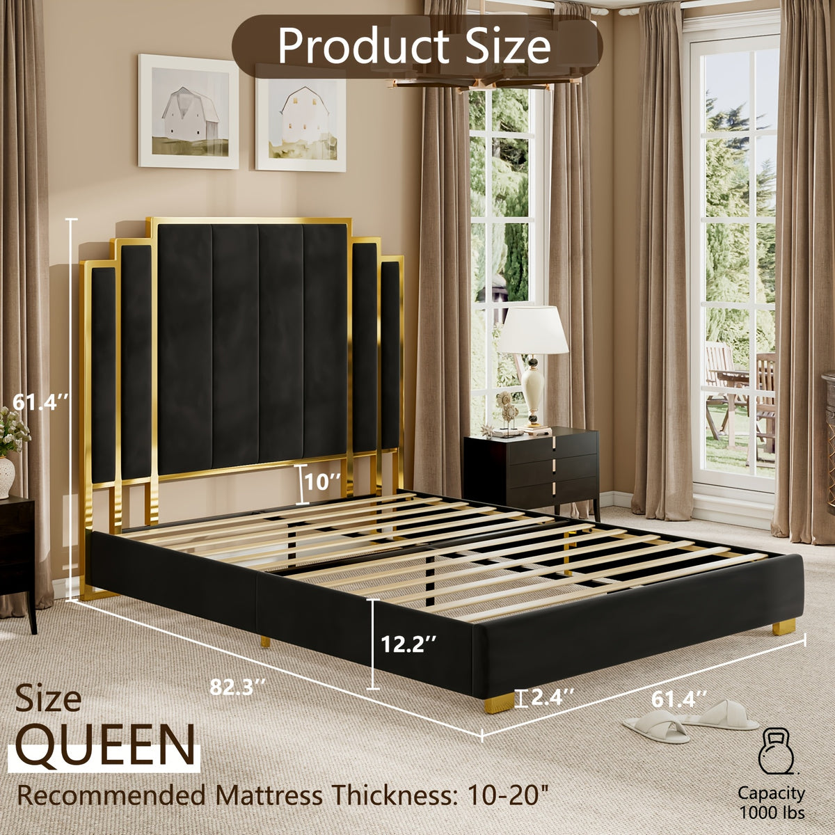 LUXOAK Modern Upholstered Bed Frame with 65" Headboard, Golden Plating Trim, Platform Design - No Box Spring Needed