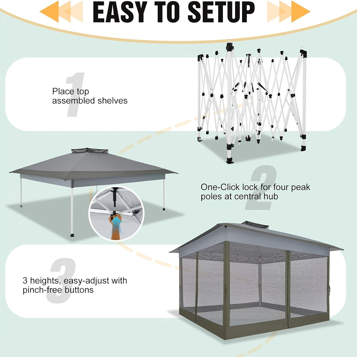 13x13ft Pop-up Gazebo Canopy Tent - Upgraded Metal Outdoor Waterproof Canopy - Portable Gazebo with Mosquito Net, 4 Ropes And 4 Sandbags, 8 Ground Pegs And Tote Bag, Suitable for Lawns, Gardens, Backyards And Patios.
