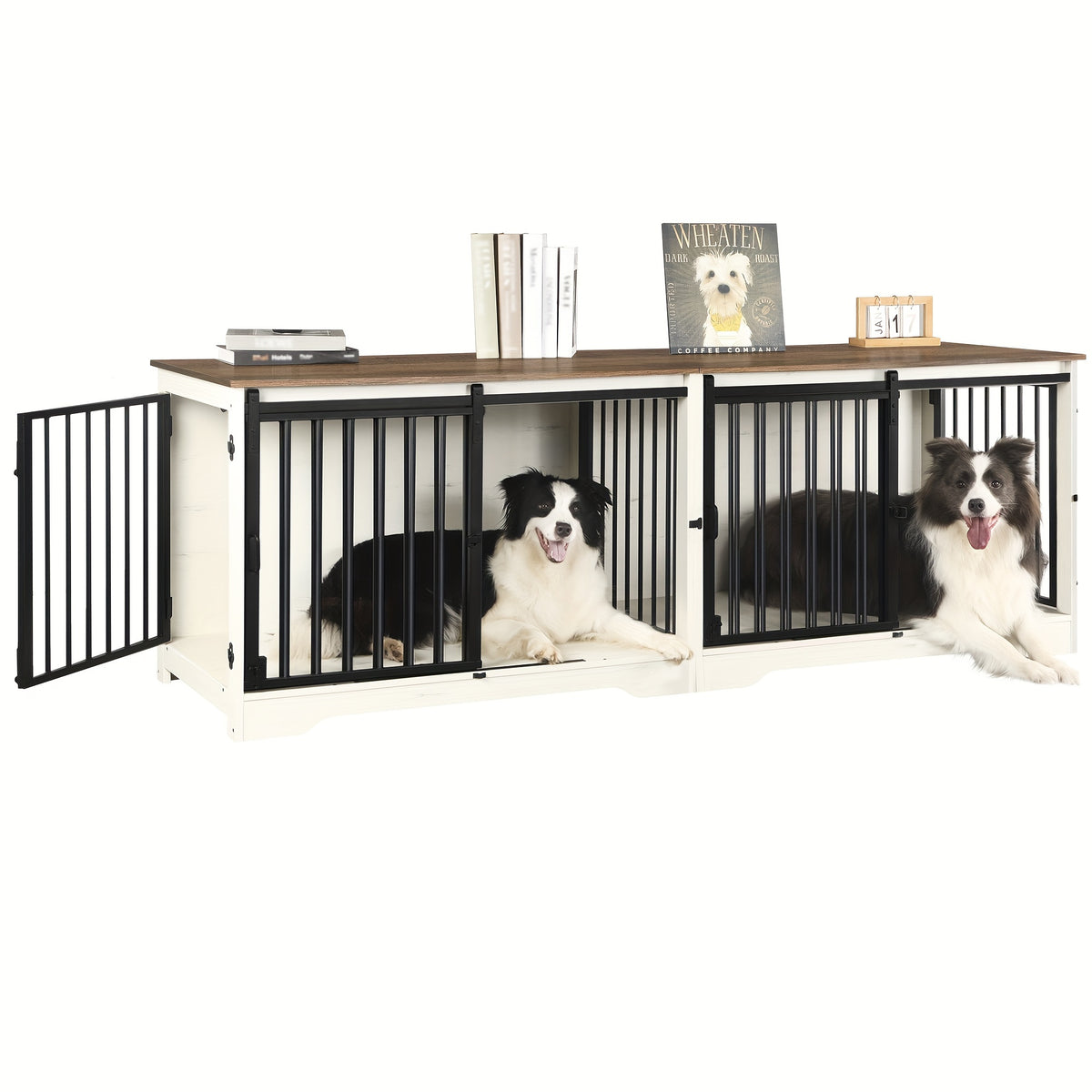 78" Dog Crate Furniture with Divider, Dog Crate Barn Door, Dog Kennel Indoor, Wood Dog Crate for 2 Dogs Small/Medium/Large Dog, End Side Table, Anti-Chew Anti-Escape