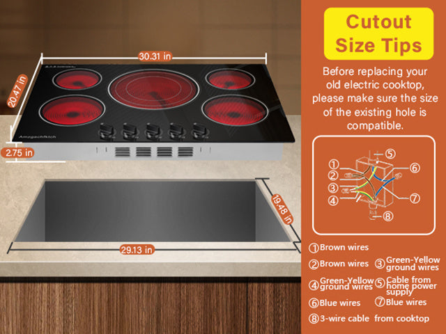 5 Burner Countertop Electric Cooktop, 30 Inch Built-in Ceramic Stove Top, 30" Radiant Electric Stove Top With Knob Control, Hot Surface Indicator, 9000W, 220V-240V Hard Wire(No Plug)