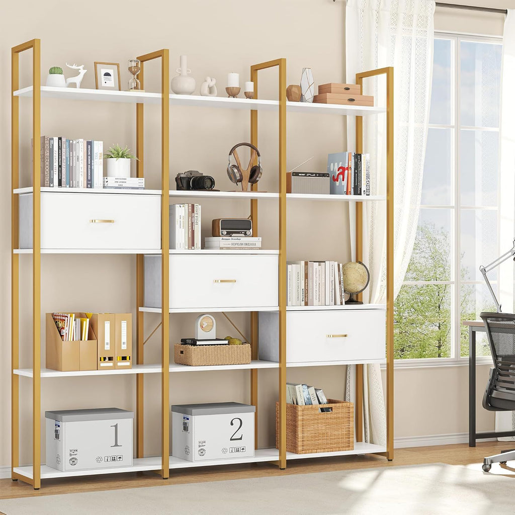 Semoic Triple Wide 6 Tiers Industrial Book Shelf with 3 Drawers and Storage Shelves, 73.6" Tall Bookcase with 16 Open Display Shelves, Large Etagere Bookshelf with Metal Frame for Home& Office, Golden