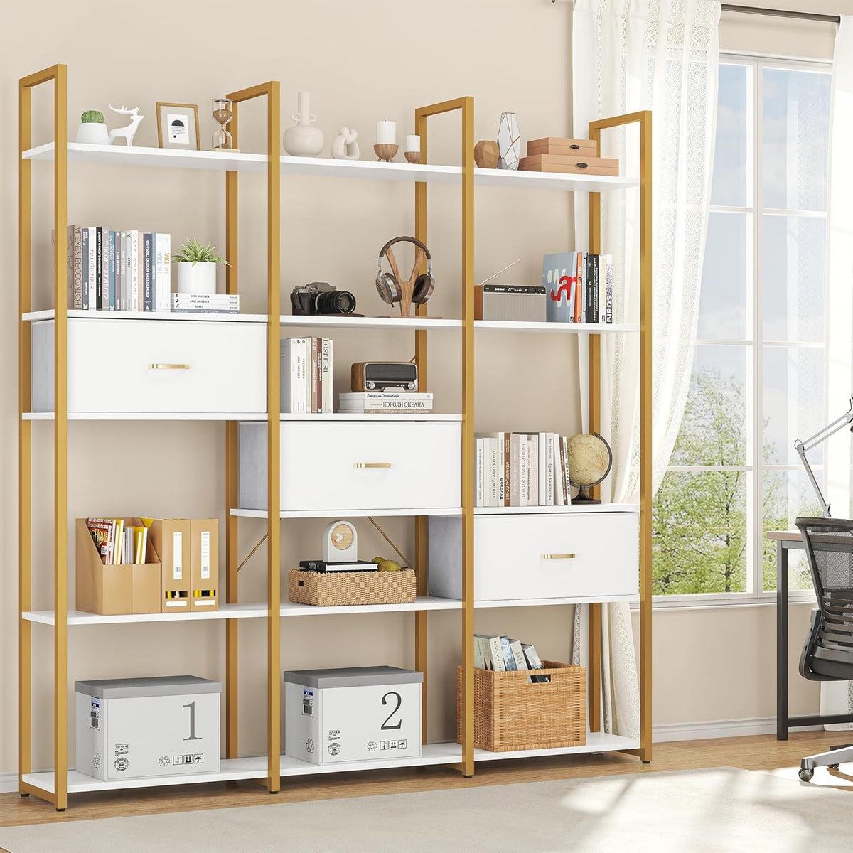 Semoic Triple Wide 6 Tiers Industrial Book Shelf with 3 Drawers and Storage Shelves, 73.6" Tall Bookcase with 16 Open Display Shelves, Large Etagere Bookshelf with Metal Frame for Home& Office, Golden