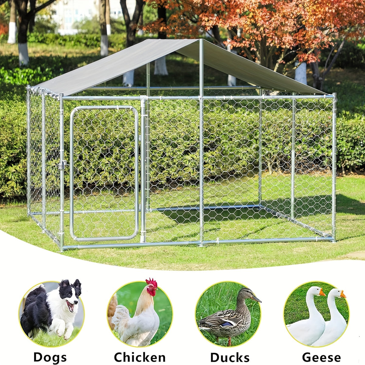 TITIMO Heavy Duty Outdoor Dog Kennel Large Dog Cage Galvanized Steel Pet Playpen House With Waterproof UV-Resistant Cover, Metal Mesh, Secure Lock (90 X 90 X 63 Inches)
