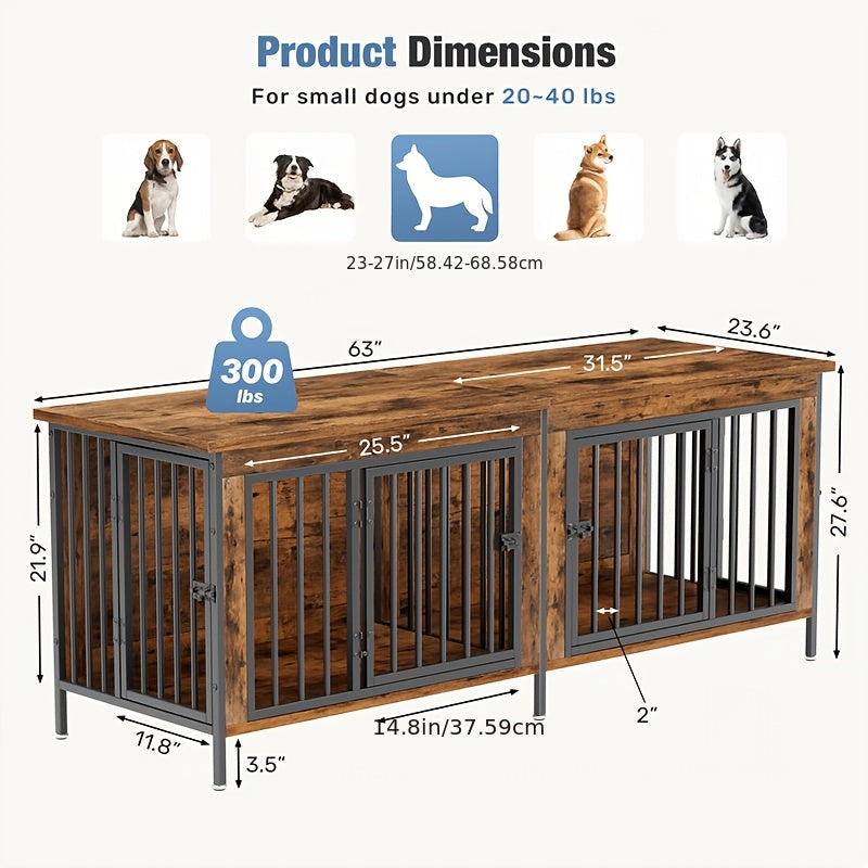 63inch Furniture for Dog Crates, A Double Cage Featuring A Storage Top, Multi-Functional TV Stand Side Table for 2 Large Dogs, Indoor Pet Cage