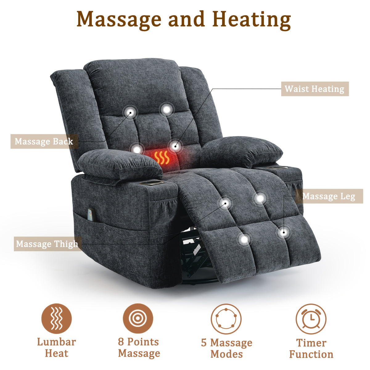 Swivel Recliner Chair for Adults with Massage and Heat — A 360° Rocking Seat for Living Rooms and Bedrooms