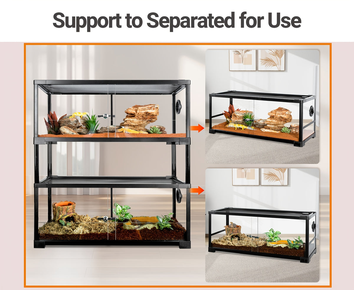 WACOOL Double Stacked Reptile Tank, 30" X 12" X 12" Tall Reptile Terrarium, Front Opening, Full Vision, Knock Down, 2 Pack 20 Gallon Glass Cage for Reptile, Bearded Dragon, Lizard, Snake, Gecko