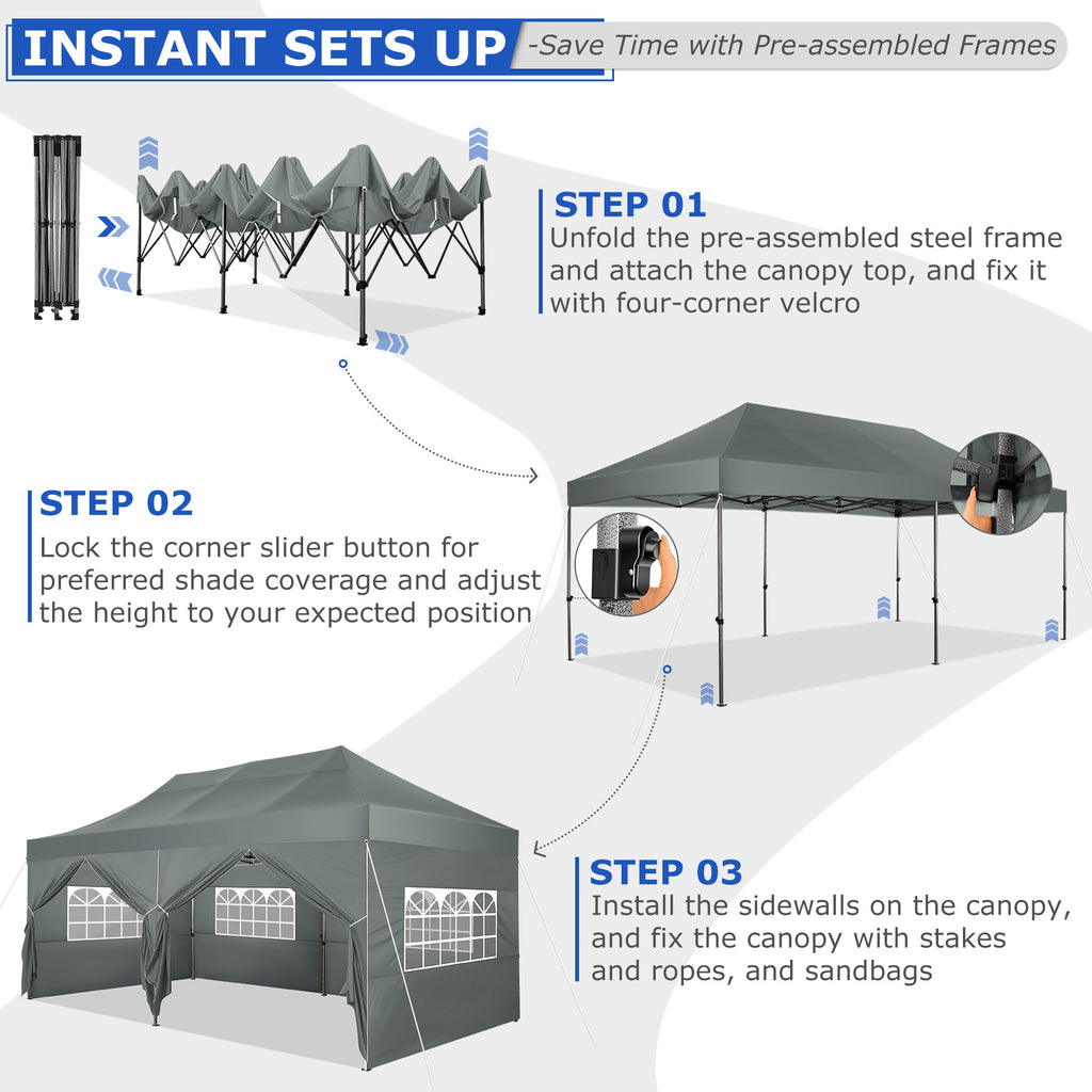 10x20 Pop Up Canopy Tent, Heavy Duty Canopy with 6 sidewalls, Easy Up Commercial Outdoor Canopy, Wedding Party Tents for Parties, All Season Wind & Waterproof Gazebo with Roller Bag, Pop Up Canopy for Wedding, Commercial Areas, Playgrounds, etc