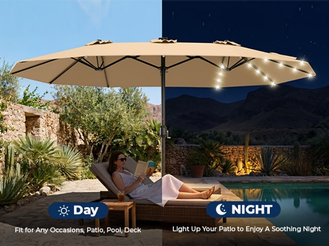 13-foot Double-sided Patio Umbrella with Solar Lights, Includes Base Stand, Large Outdoor Patio Umbrella with Crank Handle, Oversized Outdoor Market Umbrella, 12 Heavy-duty Ribs, Suitable for Outdoor, Market, Patio, Deck, Pool, Backyard, and Other
