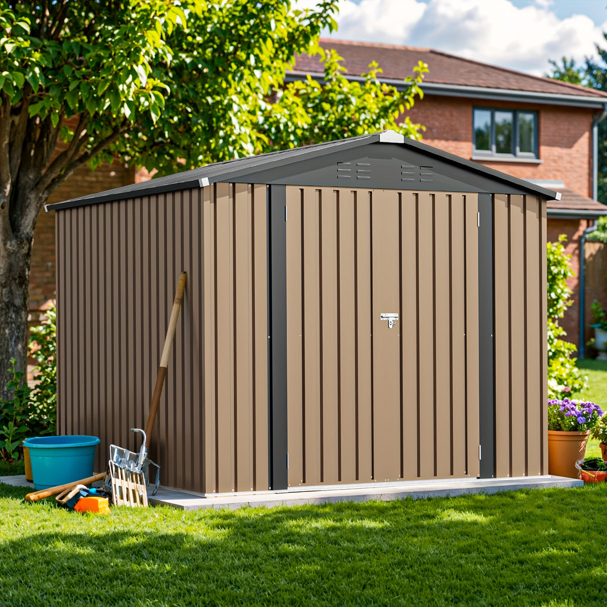 GUNJI Super Size 8 X 8 FT And 10 X 12 FT And 10 X 8 FT Outdoor Storage Shed with Double Hinged Large Door Utility Garden Shed with Lockable Door And Sloped Roof Metal Sheds Outdoor Storage for Garden, Backyard, Patio, And Yard