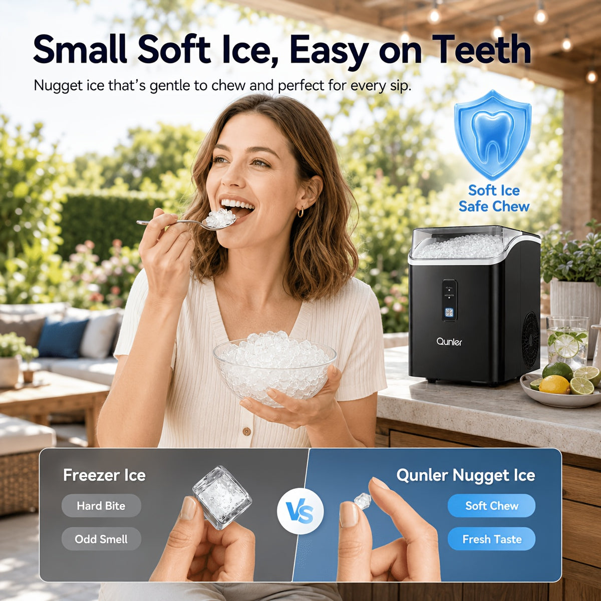 Countertop Nugget Ice Maker, Qunler 33 Lbs/Day Self-Cleaning Soft Chewable Pellet Ice Machine with Ice Scoop And Ice Basket for Iced Coffee, Soda, Tea, Cold Drinks, Kitchen, Office, RV, Camping, Black