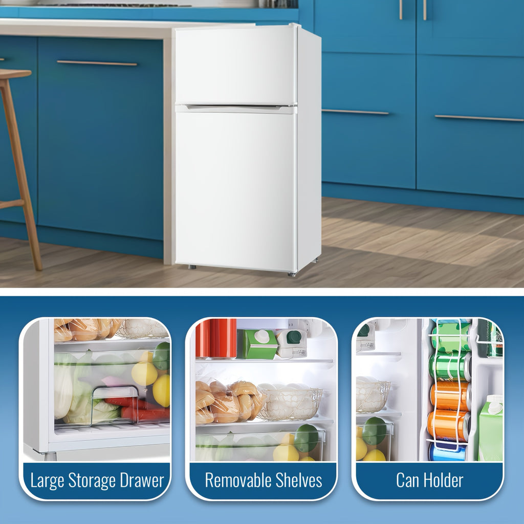 3.5/2.5 Cu.ft Small Fridge With Freezer 2-Door Compact Refrigerator 7-Level Adjustable Thermostat, Removable Shelves And Bakset, Perfect For Dorm, Office, RV, Bedroom, White