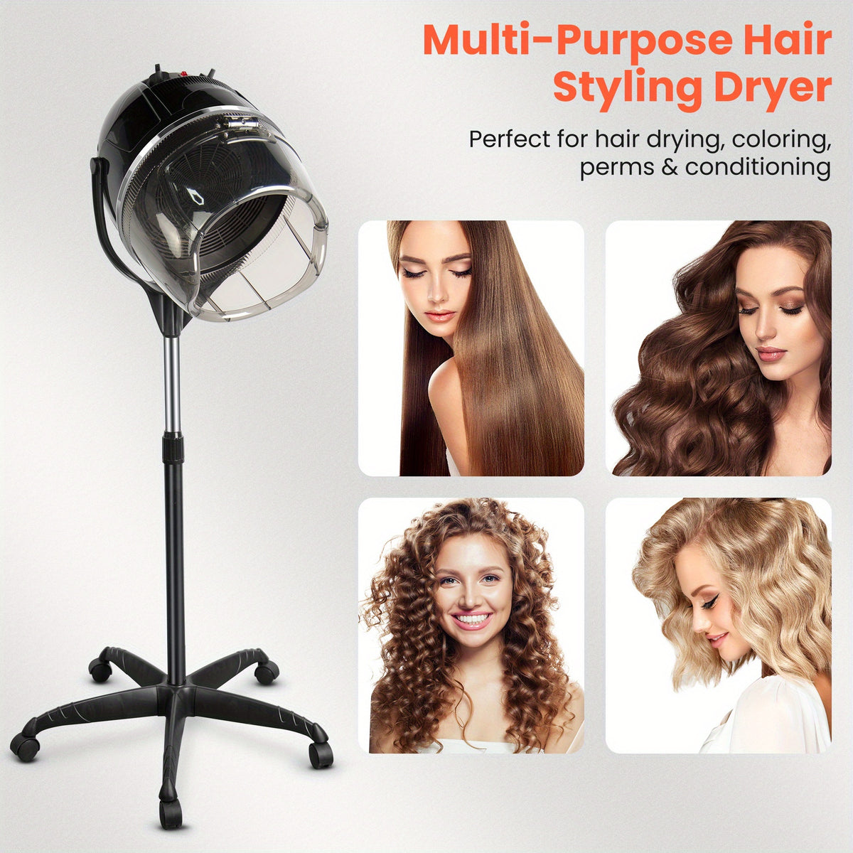 Professional Adjustable Hooded Bonnet Hair Dryer Stand with Rolling Wheels And Timer - Portable Floor-Standing Dryer for Home Salon And Beauty Spa, Bonus 3pcs Eyebrow Razors