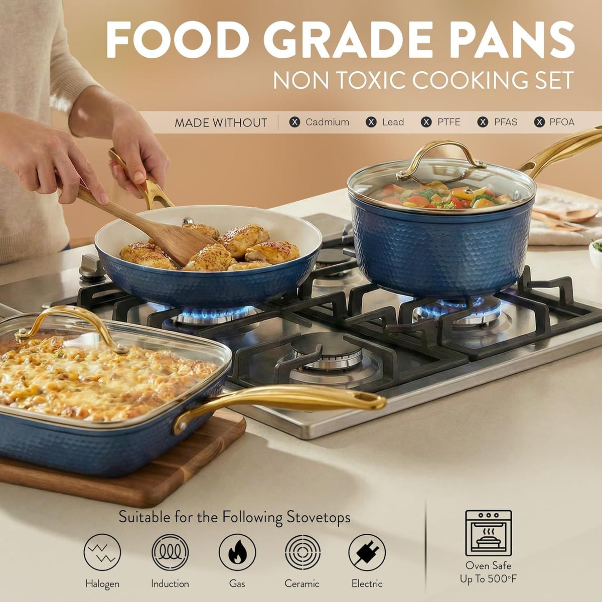 Gotham Steel Hammered 20 Pc Ceramic Cookware Set Nonstick, True Ceramic Pots and Pans Set Non Stick with Deep Square Pan Set & Bakeware Set, Non Toxic PFOA PFOS Free, Oven & Dishwasher Safe
