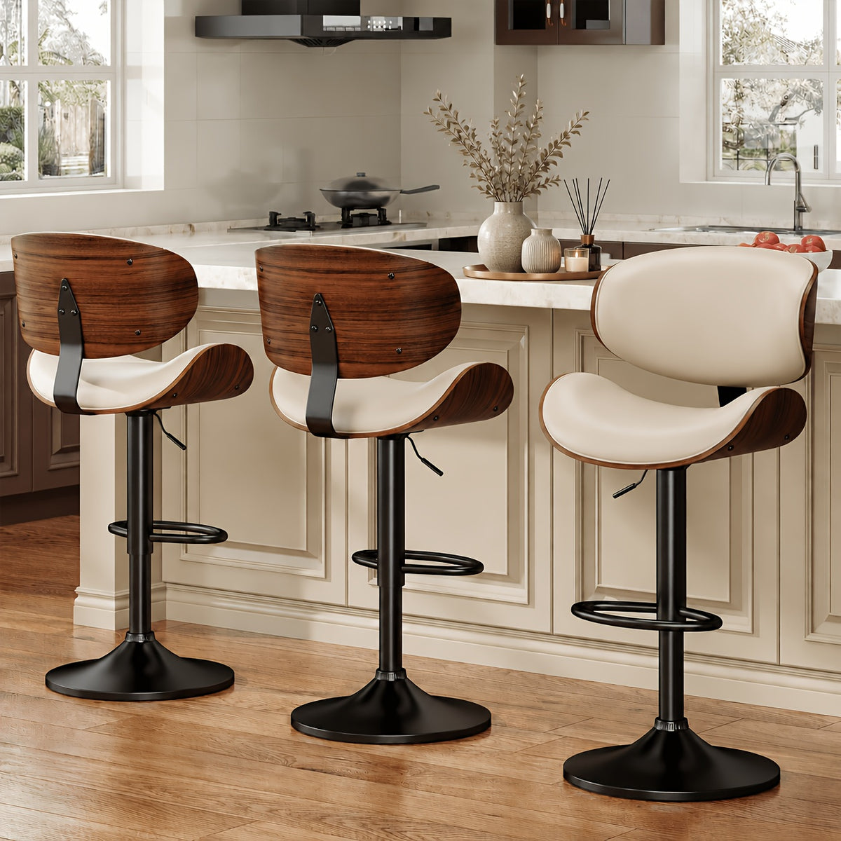 3pcs Modern Faux Leather Upholstered Bar Stools, 360° Swivel Adjustable Height with Backrests, Metal Tall Bar Stools Counter Height for Kitchen Island, Hydraulic Island Barstools