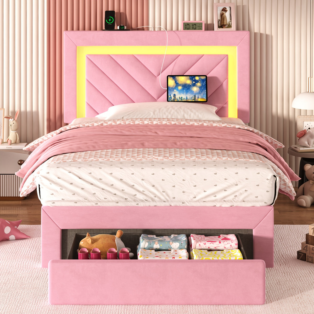 Pink Bed Frame with LED Headboard and Charging Station, 2 Storage Drawers, No Box Spring Needed, Noise Free