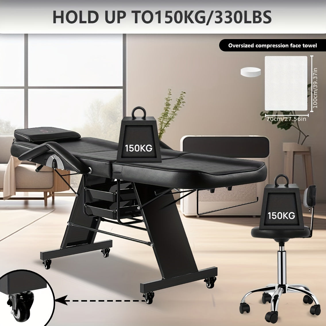 Facial Chair with Wheel Tattoo Chair for Client Beauty Chair Artist Spa Bed Removable Headrest for Client, Esthetician, Artist, Lash Bed Black