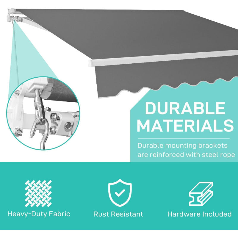 Bonnlo 12x10 FT Grey Polyester Patio Awning Canopy UV Water Resistant Outdoor Retractable Sunshade Shelter with Manual Crank Handle