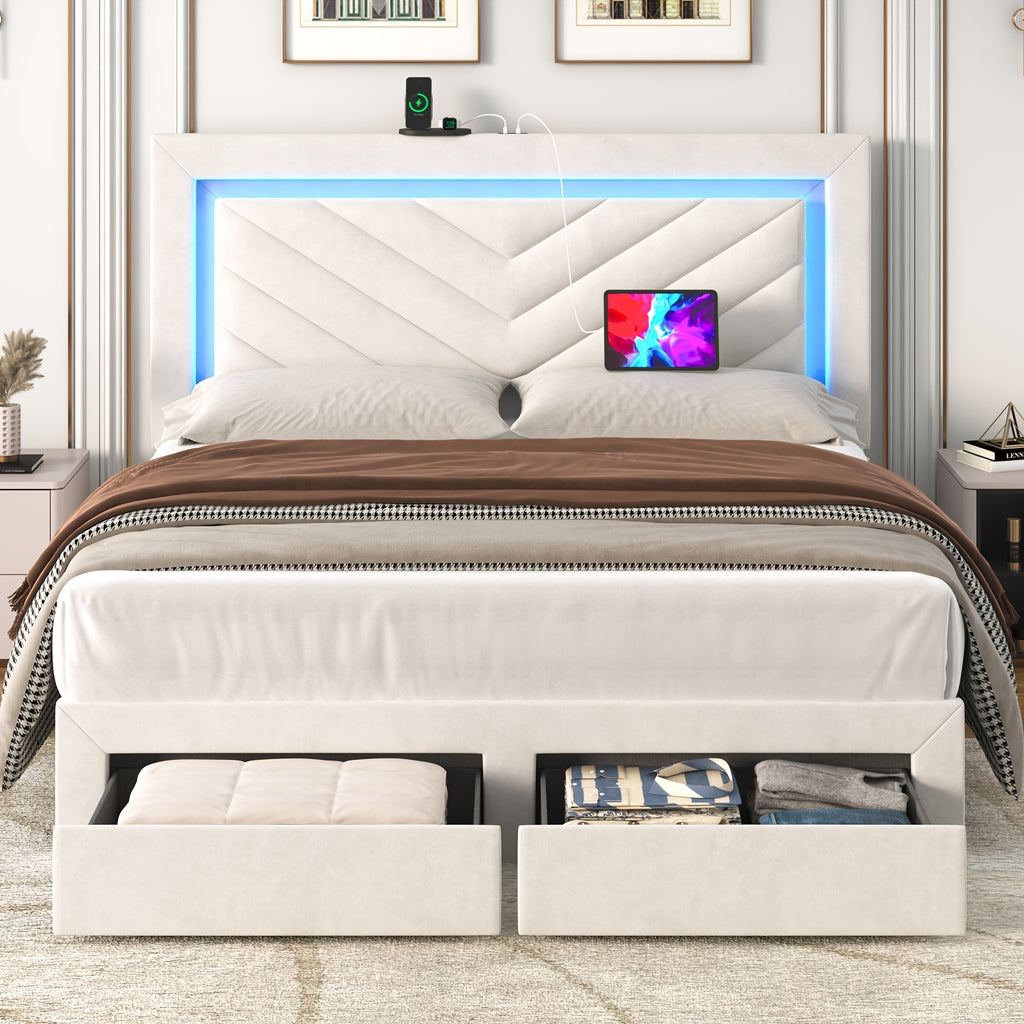 Platform Bed Frame with LED Adjustable Headboard, Upholstered Bed Frame with Storage Drawers And Charging Station, Twin, Full, Queen, No Box Spring Needed, Noise Free