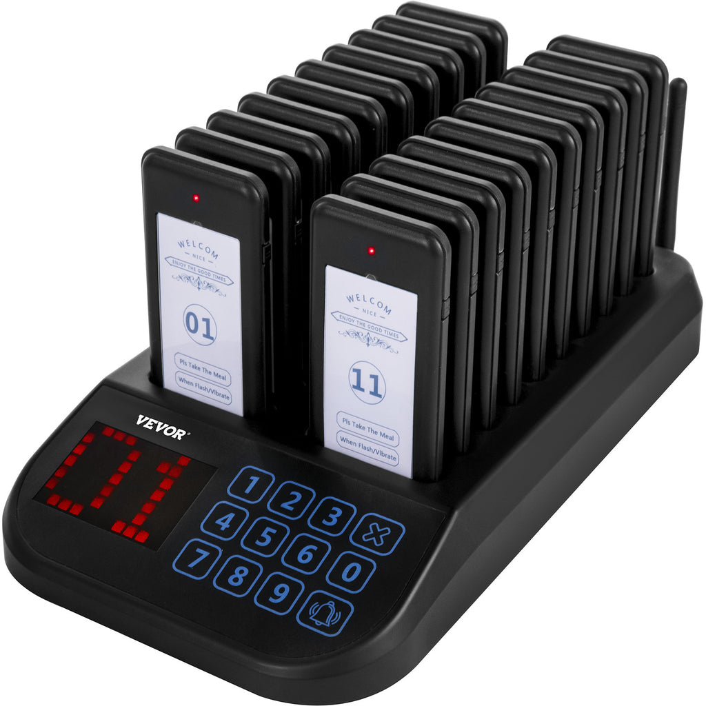 VEVOR F103 Restaurant Pager System 20 Pagers, Max 98 Beepers Wireless Calling System, Touch Keyboard with Vibration, Flashing and Buzzer for Church, Nurse, Hospital & Hotel