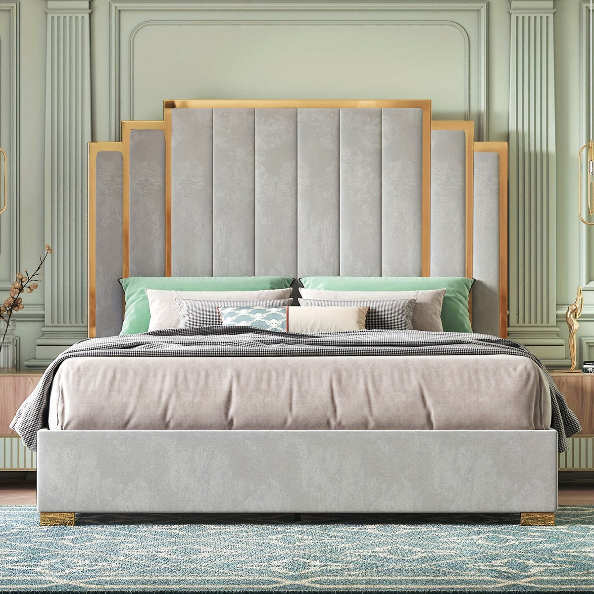 Velvet Upholstered Platform Bed Frame, Available in 61.4" Or 65" Sizes, Featuring a Gold-Trimmed Headboard And Wooden Slats, No Box Spring Required.