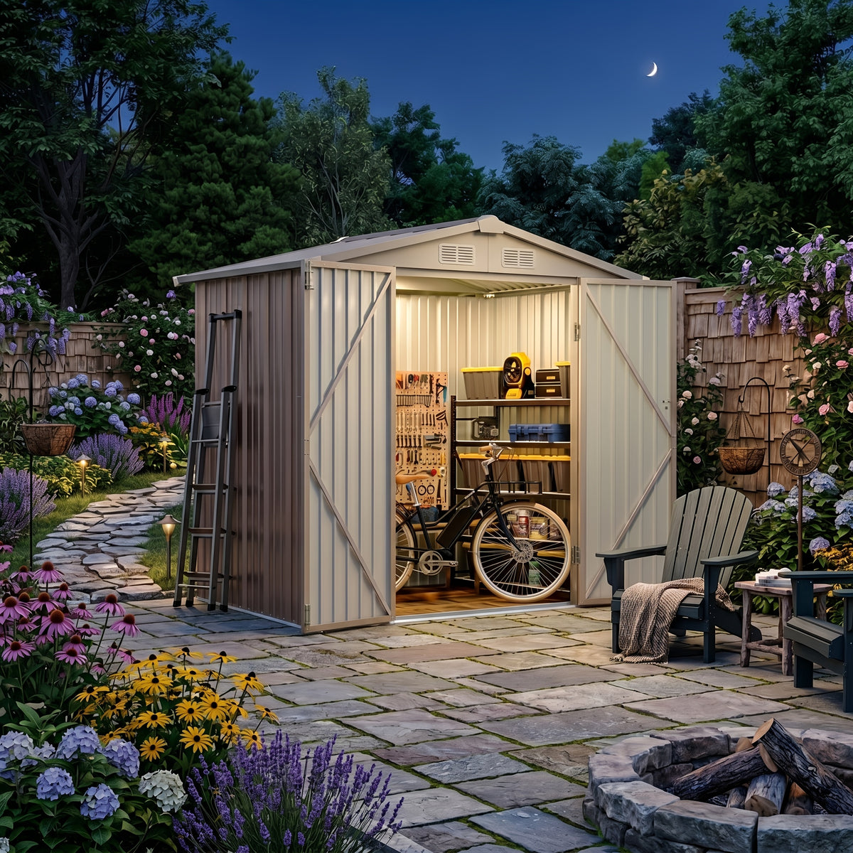 12x20/6x4ft Metal Storage Shed - Outdoor Garden Shed Kit, Lockable Tool Shed, Backyard Shed with Double Hinged Doors, Carport for Car, Truck, Bike And Lawn Mower & Equipment, Brown