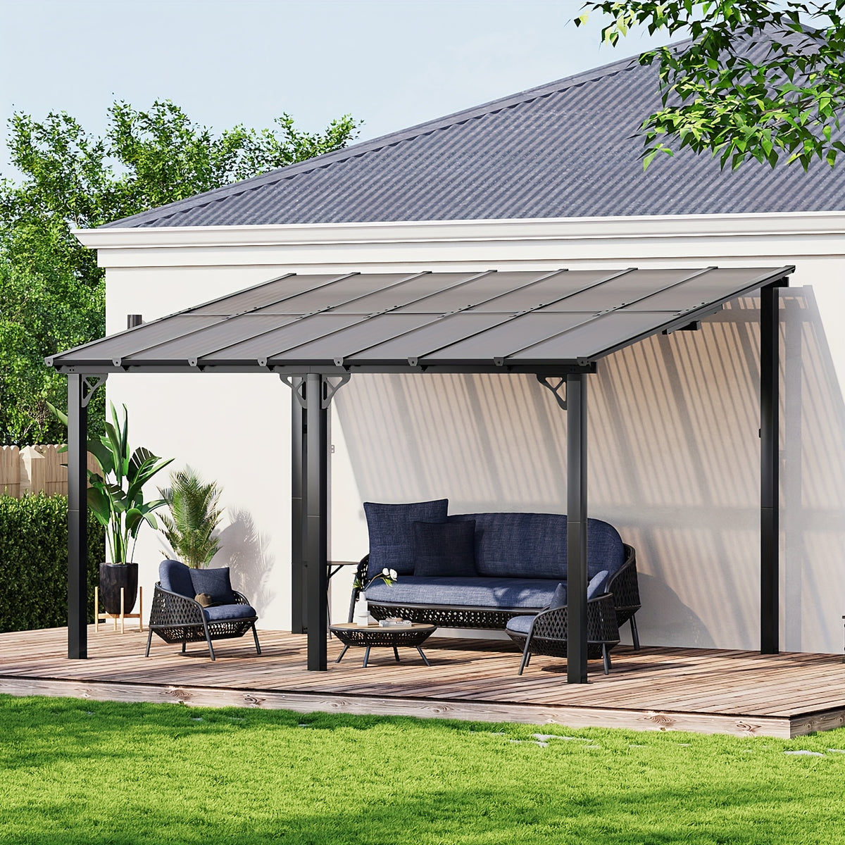Outdoor Gazebo & Pergola Set - Hard Top Lean-to Wall Mounted Aluminum Alloy Awning With Canopy Roof, Outdoor All-Weather Cover For Patio, Backyard, Deck, Shade & Rain Protection(Multi-size Selection)