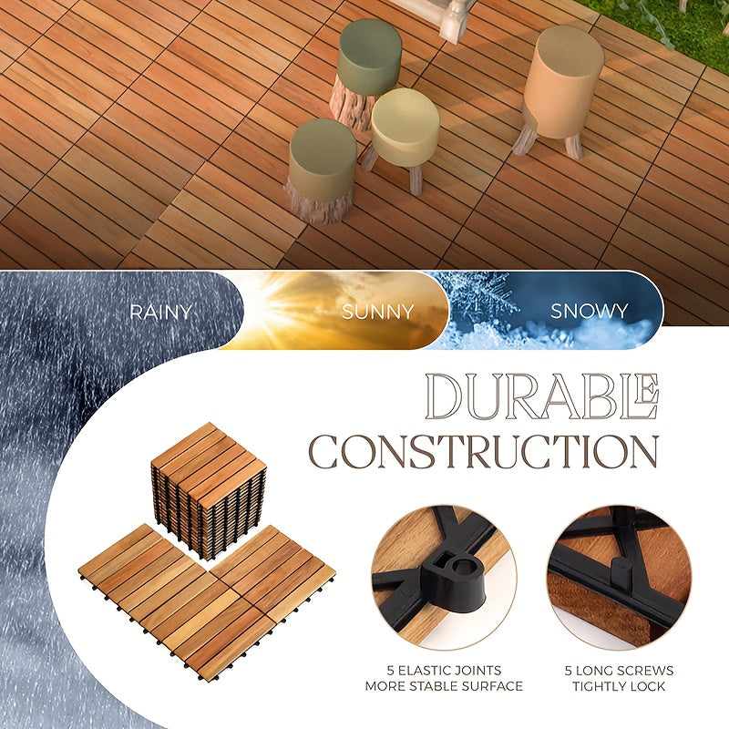 Deck Tiles for Outdoor Patios and Balconies, 54-Piece Acacia Wood Flooring Set for Easy Surface Updates