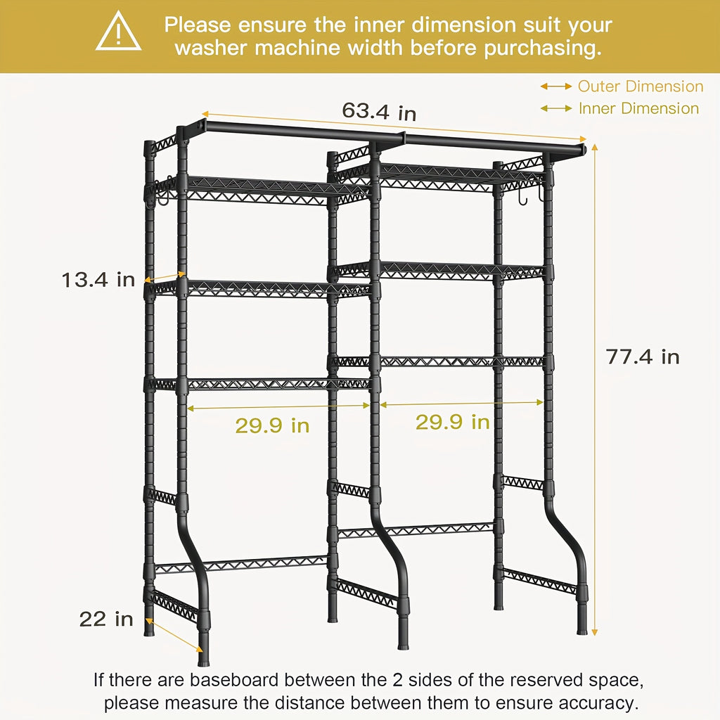 Extra Wide 6-Tier Laundry Room Shelf With 2 Hanging Rods - Freestanding Carbon Steel Storage Organizer Over Washer Dryer, 57.8"W X 22"D X 77.4"H, Black Adjustable Drying Rack, Standing Shelf