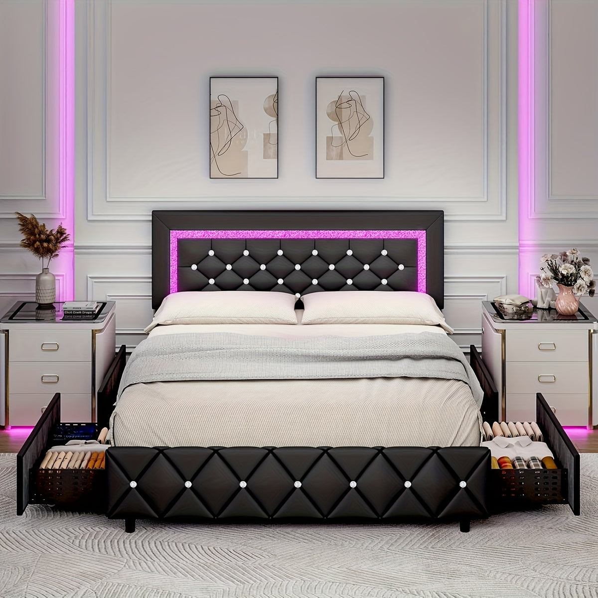 Twin Full Queen Size Bed Frame With LED Lights And Storage Drawer With Scroll Wheels, Upholstered Platform Bed With Crystal Tufted Headboard, Maximum Weight Recommendation 800 Pounds, Black/White/Pink/Yellow