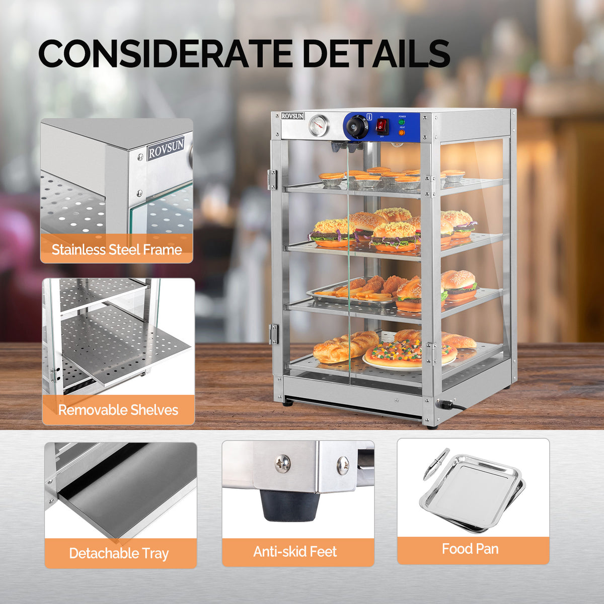 5-Tier Food Warmer Pizza Warmer Countertop, Food Warmer Display Pretzel Warmer with LED Lighting Removable Shelves Glass Door, Pastry Display Case for Buffet Restaurant Cafe, 110V 800W