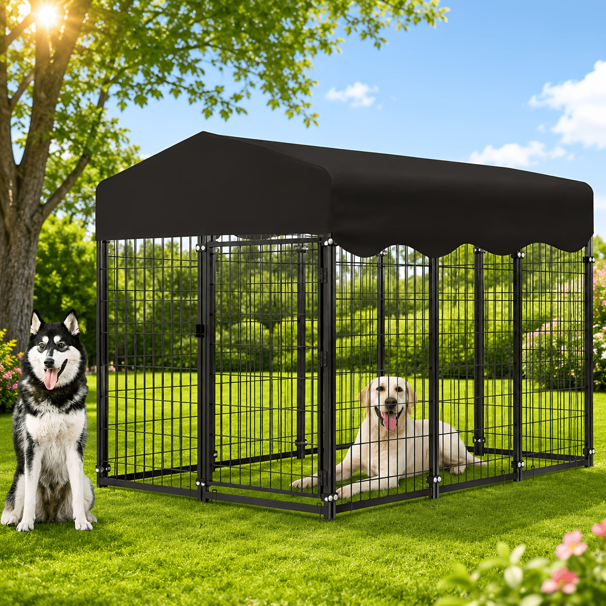 Sturdy Canine Crate, Metallic Animal Shelter And Outdoor Pet Area Featuring a Canopy, Food Dish, Secure Locking Gate, Easy Setup, Perfect for Dogs, Felines, Chickens, And Ducks, Without Battery