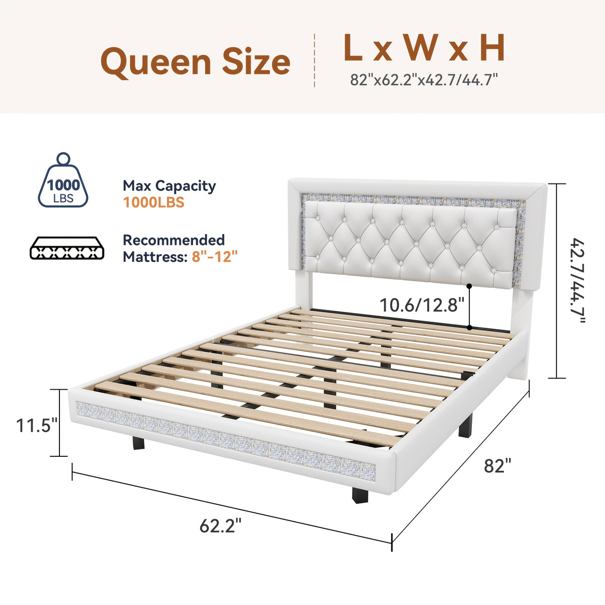 MRAEER Diamond Quilted Velvet Silent Full/Queen Bed Frame | LED Lights, Diamond Quilted Footboard, Adjustable Headboard, No Mattress Required, Easy Assembly, Available in Pink/White/Black, Powered, Contemporary Style, Christmas Gift