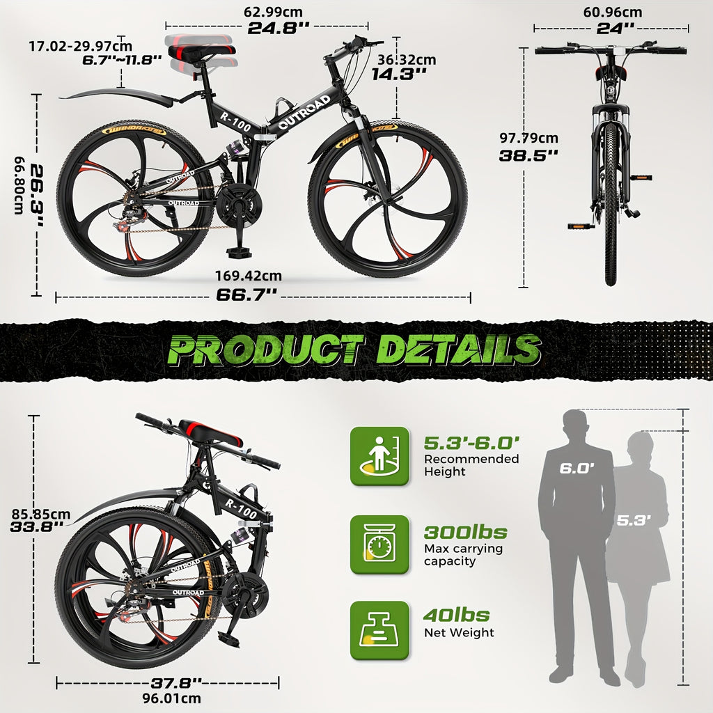 26 Inch Adult Folding Bikes/Mountain Bikes, 21 Speeds Mountain Bicycles with Full Suspension, Dual Disc Brake, High Carbon Steel Frame, Foldable Bike for Men/Women