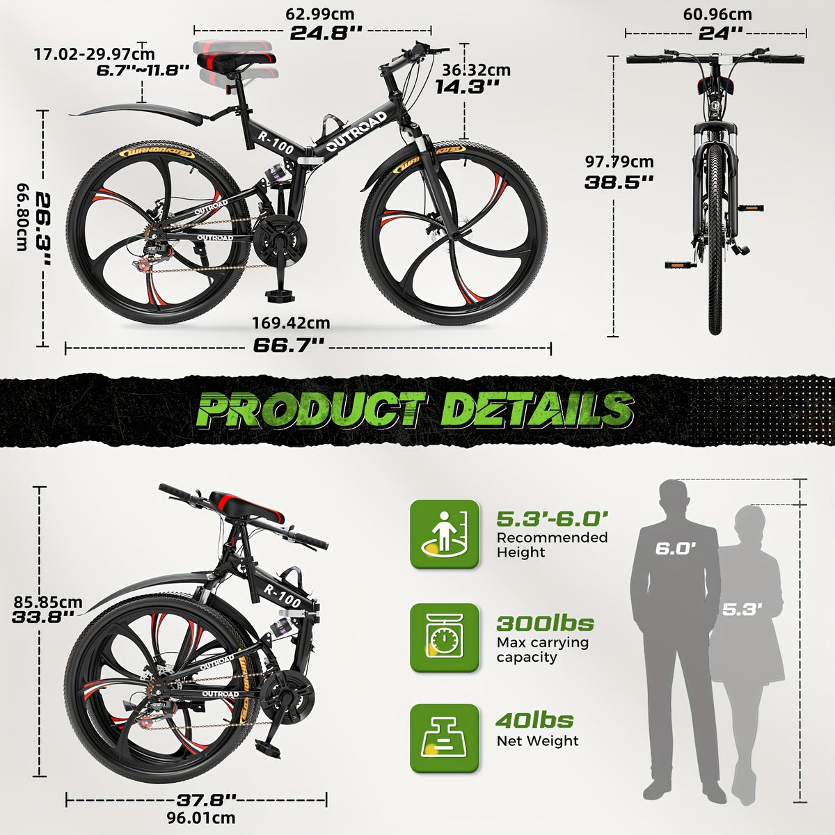 26 Inch Adult Folding Bikes/Mountain Bikes, 21 Speeds Mountain Bicycles with Full Suspension, Dual Disc Brake, High Carbon Steel Frame, Foldable Bike for Men/Women