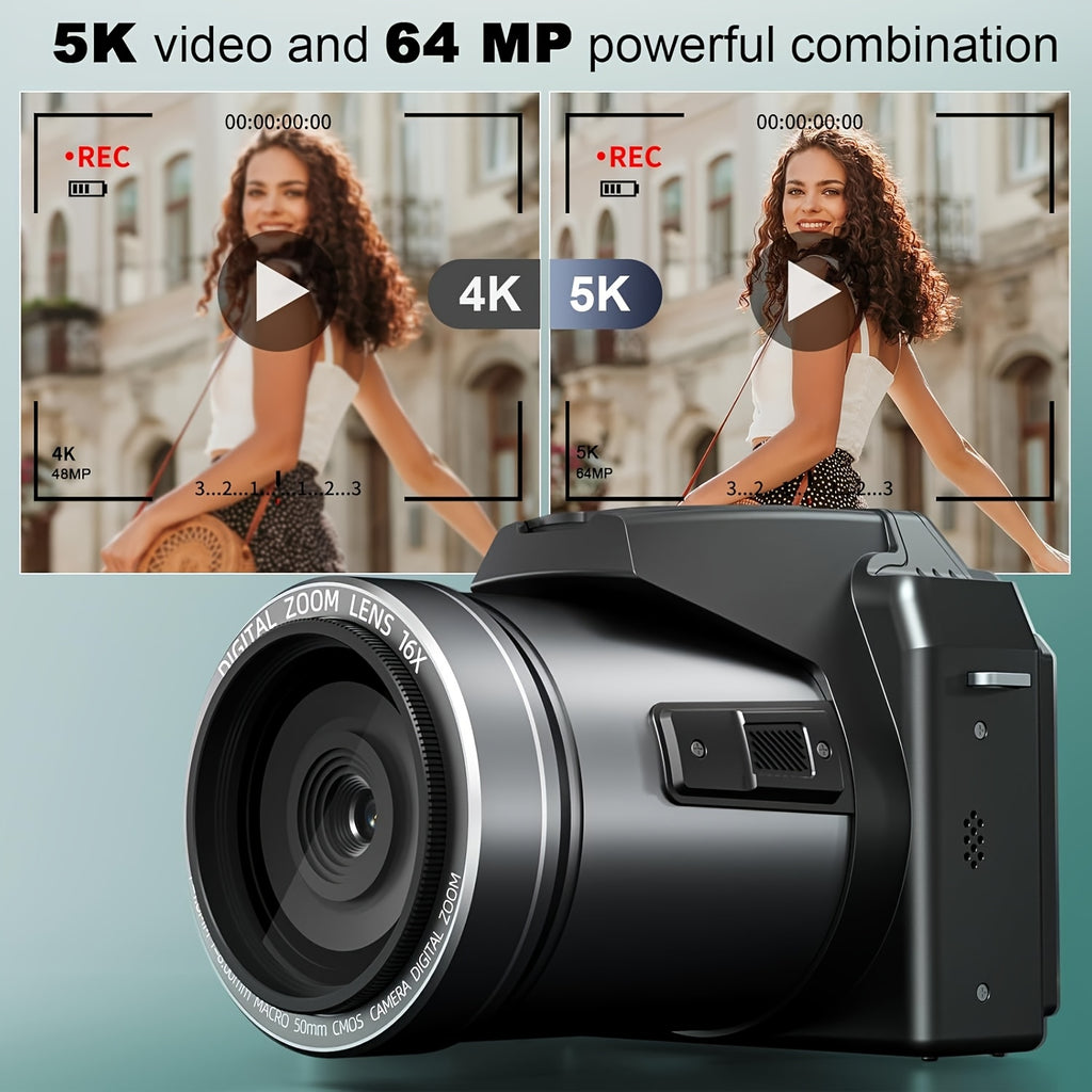 NBD 64MP Digital Camera for Photography, 5K Vlogging Camera for YouTube with 3" Flip Screen, 16X Digital Zoom, Autofocus, 2 Batteries, 32GB TF Card(S205, Black)