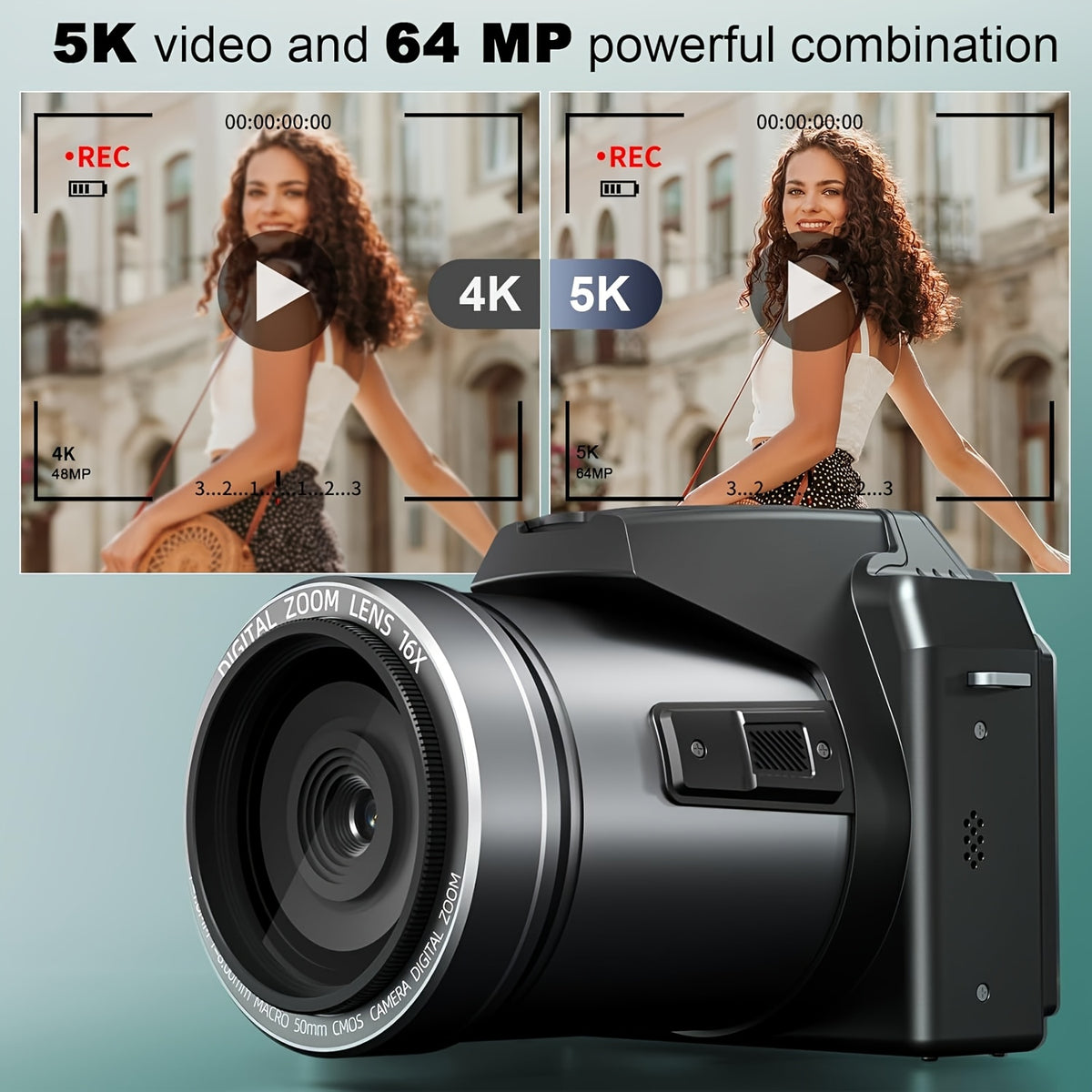 NBD 64MP Digital Camera for Photography, 5K Vlogging Camera for YouTube with 3" Flip Screen, 16X Digital Zoom, Autofocus, 2 Batteries, 32GB TF Card(S205, Black)