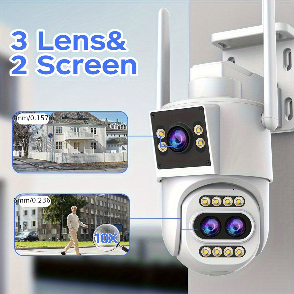 Full HD Wifi Security Camera, 10X Optical Zoom, PTZ with 3 Lenses, IPX6, App Control, Color Night Vision, Two-Way Audio, Motion Detection And Automatic Tracking, Home Security Sound Alarm, Remote Monitoring/ Smart Security Equipment