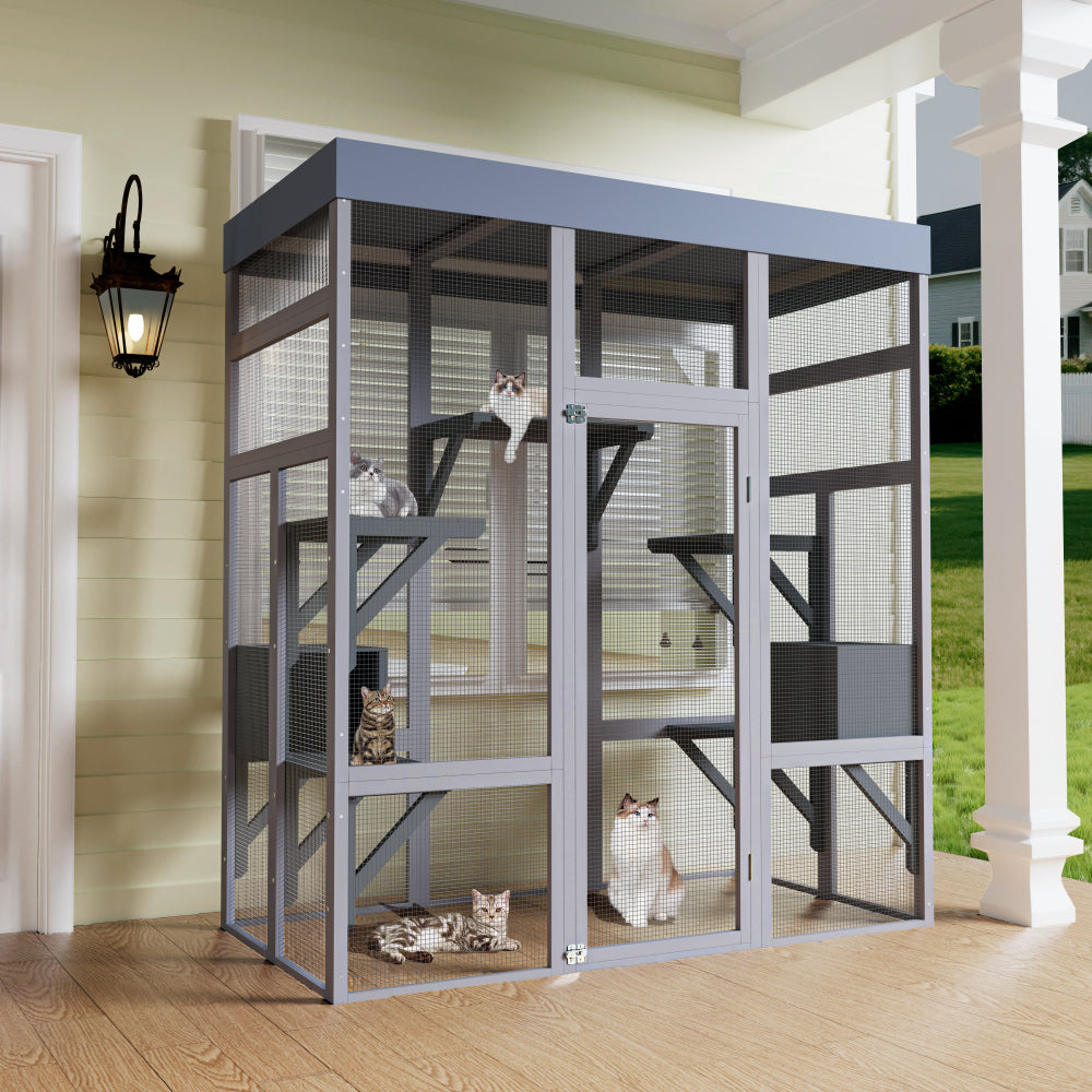 [Outdoor Catio Enclosure] 62.6 Inch Large Wooden Outdoor Catio Enclosure for Cats | Secure Pet Cage with Roof & Rust-Proof Wire Mesh | Includes 2 Napping Houses & Multi-Level Platforms for Backyard & Patio