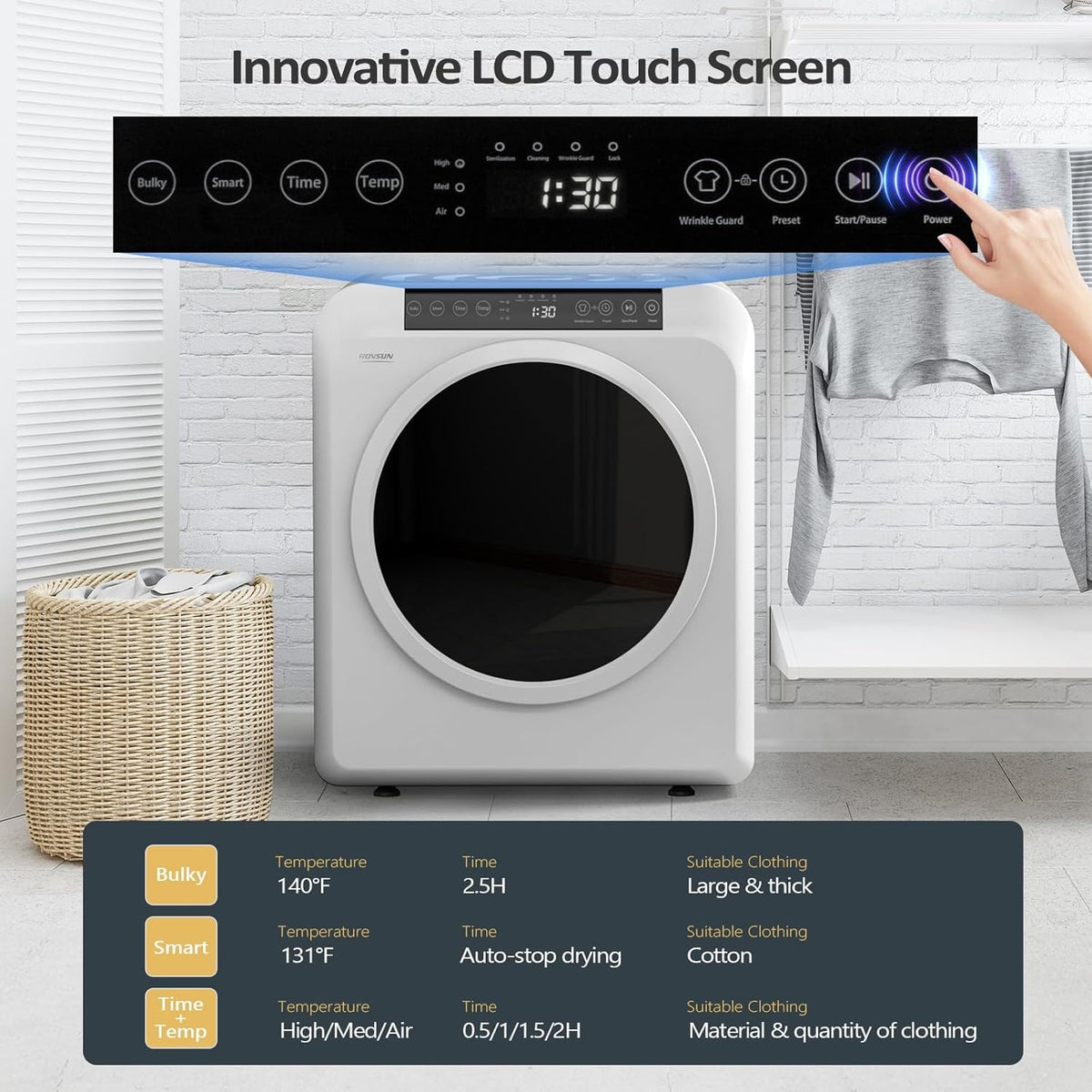 MEFEIR Compact Clothes Dryer - 3.5 Cu.Ft Portable Laundry w/ LCD Touch Controls, Stainless Steel Drum, 13.2Lb Capacity for Apartments & Dorms, 110V Classic White w/ Wheels