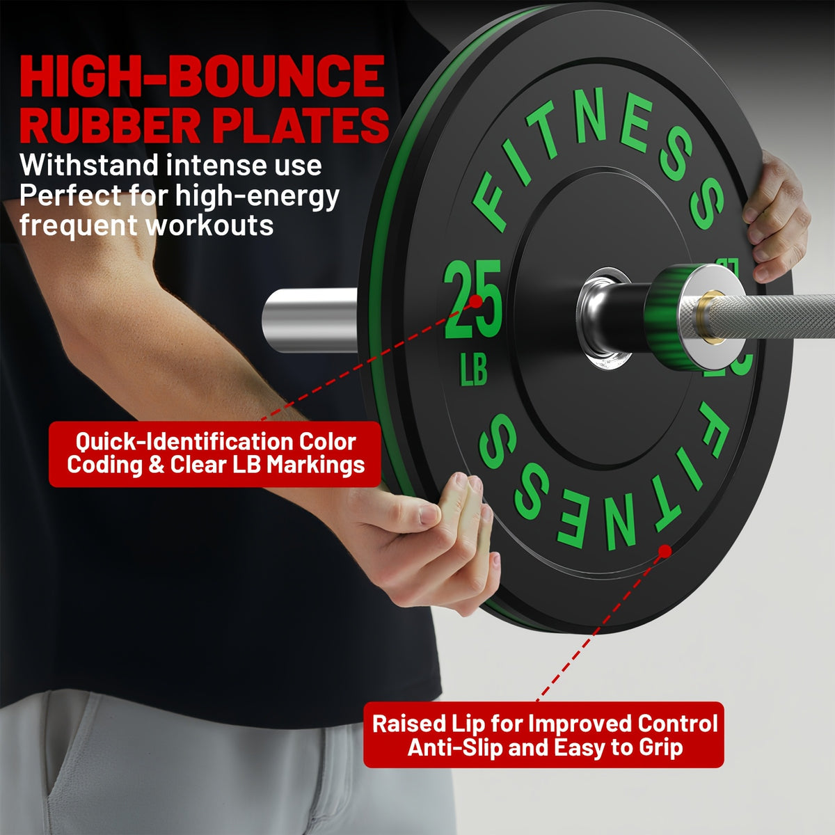 Black Bumper Plates Pro Rubber Weight Plates with Colored Rim, 40-370 Lb Low Bounce Strength Training Plate for Home And Gym, 2 Inch Barbells Weight Set, Vibrant Barbell Weight Plates for Weight Lifting