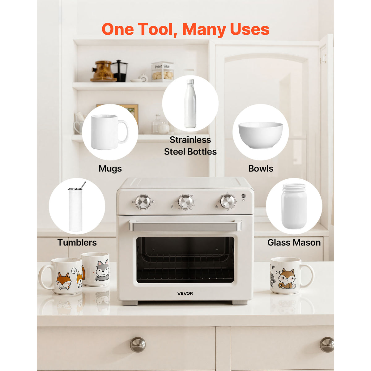 VEVOR Sublimation Oven Machine, 26 Qt, Fits 40oz Tumblers, Standard model / With 1 Heat Air Gun model, 50 Shrink Films, 1 Tape and 2 Heat Gloves, 360° Turbo Convection for Sublimation Blank Tumblers, Mugs, Bowls, Off-White