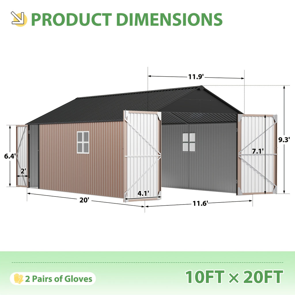 ULSMVOC 12X20X9.3/10X12/6X4 FT Metal Storage Shed - Outdoor Garden Shed Kit, Lockable Tool Shed, Backyard Shed with Double Hinged Doors, 4 Windows, Carport for Car, Truck, Bike And Lawn Mower & Equipment, Brown