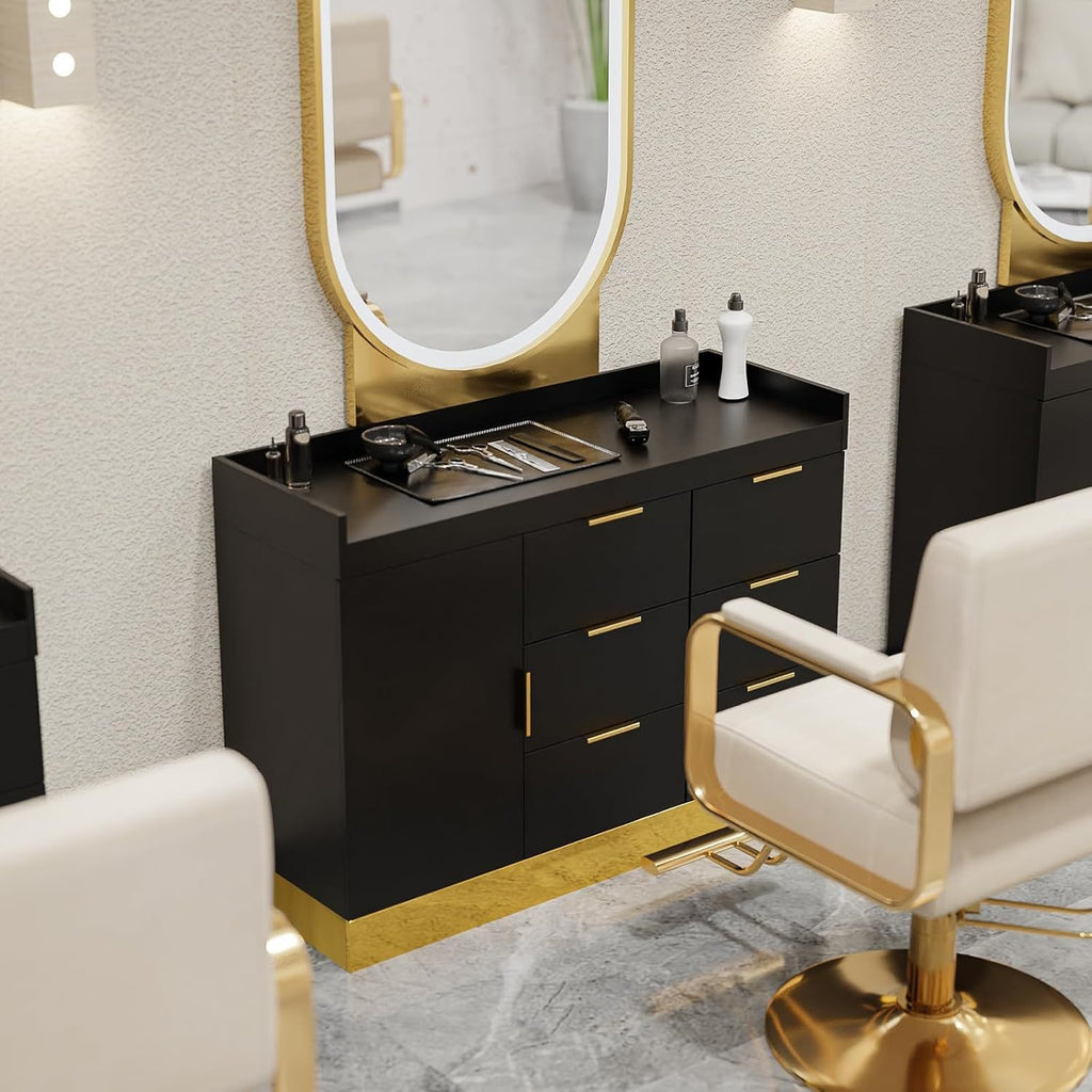 OmySalon Free-Standing Salon Station with 6 Drawers & Storage Cabinet - White Golden & Black Golden Barber Organizer, No Power Required, Durable Mobile Hair Styling Station for Salon & Spa Organization, Sleek Modern Design, Barber Supplies