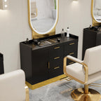OmySalon Free-Standing Salon Station with 6 Drawers & Storage Cabinet - White Golden & Black Golden Barber Organizer, No Power Required, Durable Mobile Hair Styling Station for Salon & Spa Organization, Sleek Modern Design, Barber Supplies