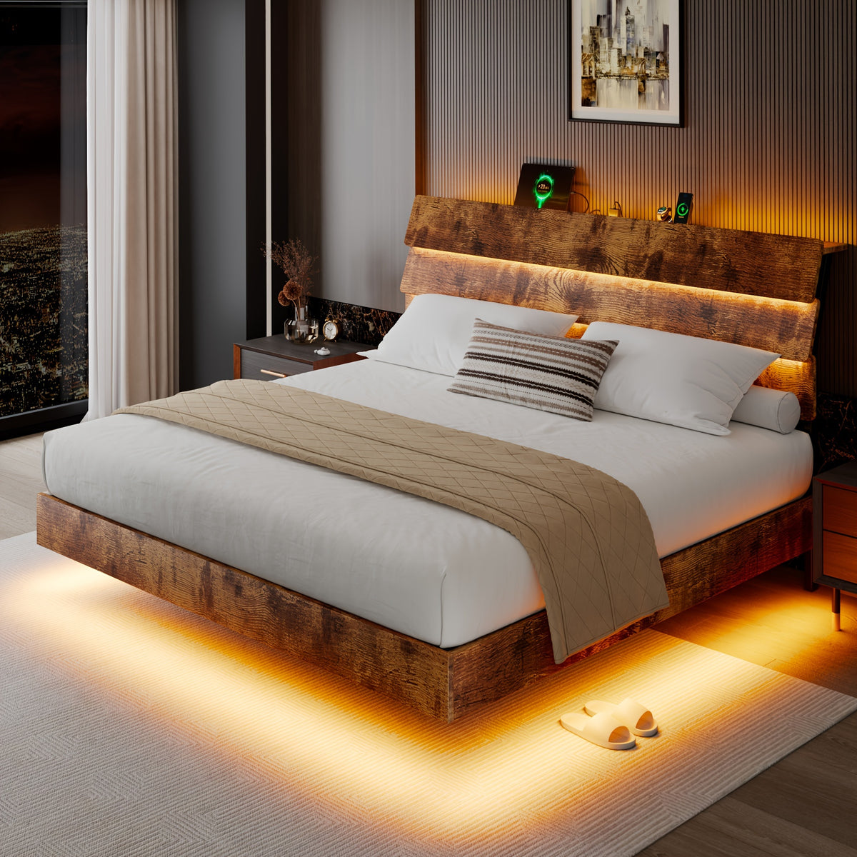 Valnase Floating Bed Frame with LED Lights & Charging Station, Platform Bed with Wooden Storage Headboard, Steel Slats Support, Easy Assembly