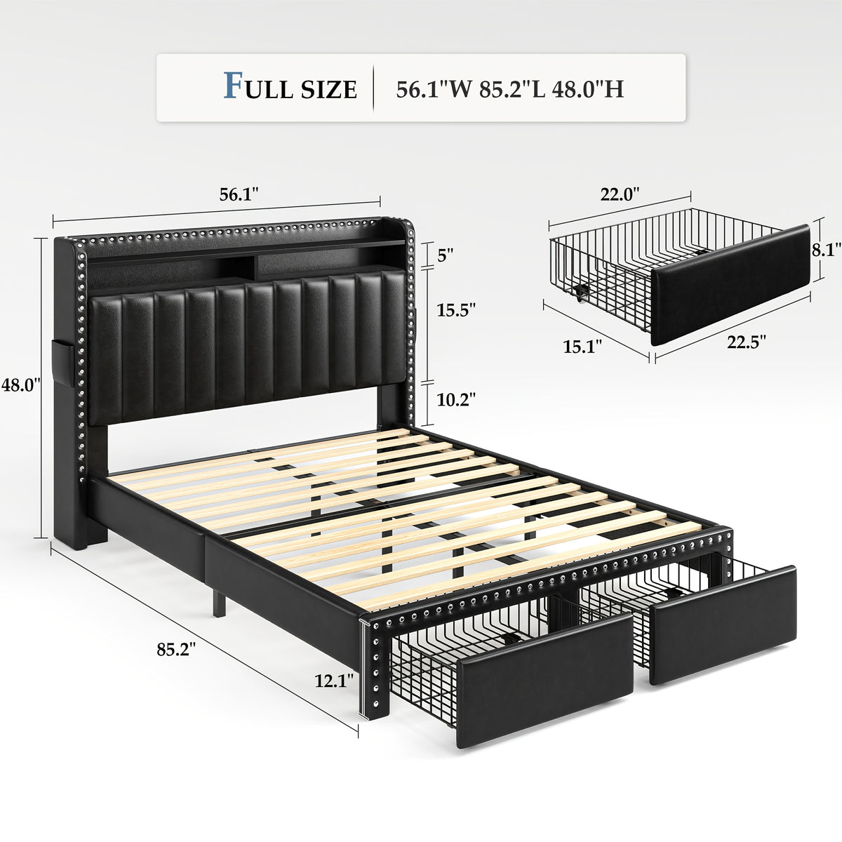 King Size Upholstered Bed Frame with Storage, 2-Tier Headboard And 2 Drawers, Sturdy Wood Slats, No Box Spring Needed, Noise-Free, Modern Grey/Beige, Easy Assembly, Space Saving
