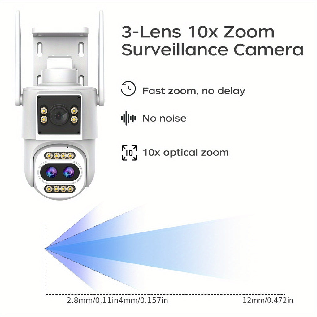 Full HD Wifi Security Camera, 10X Optical Zoom, PTZ with 3 Lenses, IPX6, App Control, Color Night Vision, Two-Way Audio, Motion Detection And Automatic Tracking, Home Security Sound Alarm, Remote Monitoring/ Smart Security Equipment